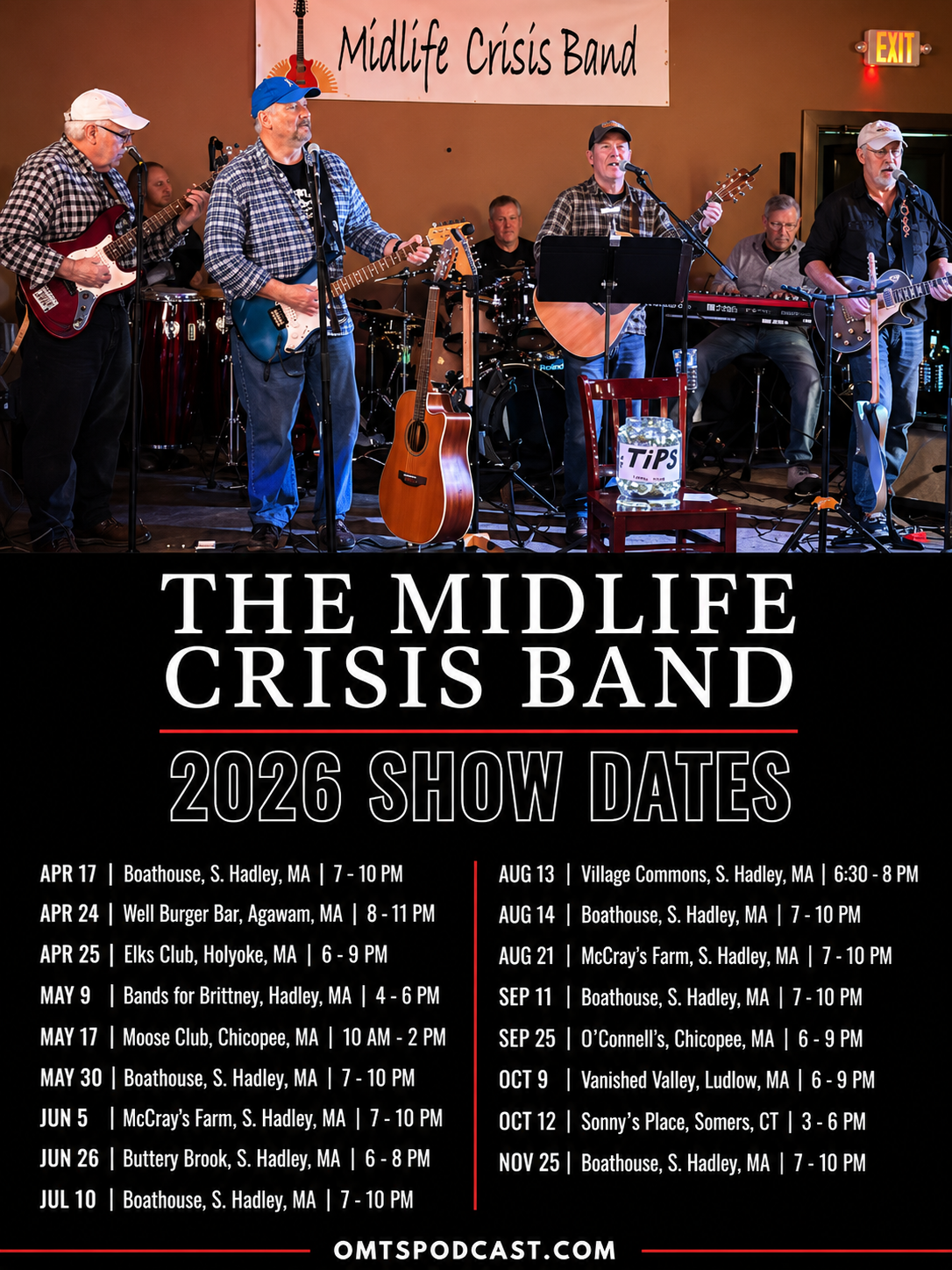 The Midlife Crisis Band performing live in South Hadley, Massachusetts.